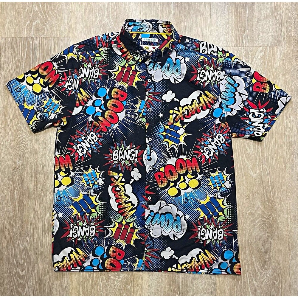 Drill Clothing Co. Oh Snap! Men’s L Short Sleeve Stretch Comic Graphic Button-Up